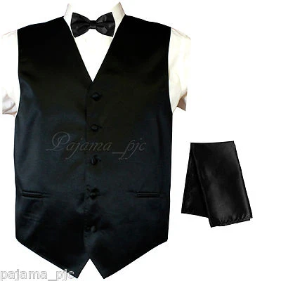 Black Solid Vest Waistcoat and Butterfly Bow Tie Set Suit or Tuxedo Wedding Prom - Image 1 of 4