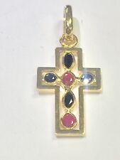 14k Gold Cross With Sapphires & Rubies