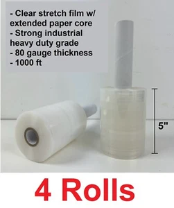 4 Rolls 5"x1000' Heavy Duty 80ga mini stretch plastic wrap film w/ paper handle - Picture 1 of 5