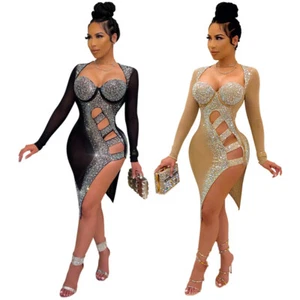 Bodycon-Damenkleid Langarm Strass Clubwear Party Abend Cocktail Abschlussball - Bild 1 von 15
