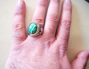 AAA NATURAL MALACHITE GEMSTONE 925 STERLING SILVER ARABIC TURKEY HEAVY MENS RING - Picture 1 of 5