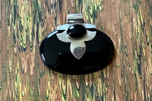 Onyx Sterling Vintage Large Pendant 2 3/4" Handmade Two Stones Brooch - Picture 1 of 4