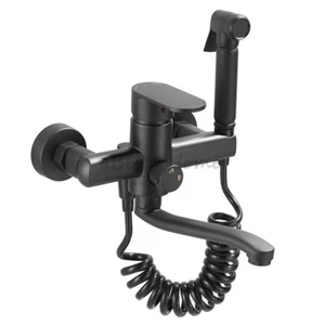 Black Wall Mount Kitchen Sink Swivel Spout Faucet Laundry Wash Basin Mixer Tap - Picture 1 of 12