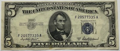 1953 A $5 Silver Certificate Note BLUE Seal UNC SN F20577335A Buy this one! - Image 1 of 2