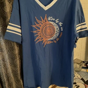 Kamong Short Sleeve Sleep Shirt Woman Cotton Blue Size XL - Picture 1 of 3