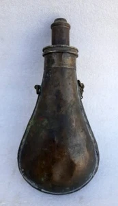 Old Rare Antique Hand Carved Unique Locking System Brass Gun Powder Bottle Flask - Picture 1 of 8