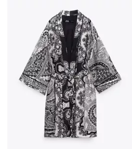 Zara Kimono Black White Silky New With Tags S Oversize More 16 18 - Picture 1 of 4