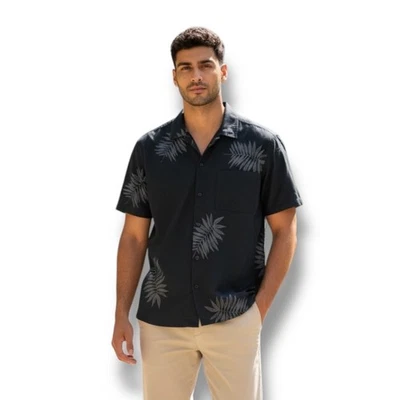 Camisa masculina AG Adriano Goldschmied tamanho médio M azul marinho estampa de folha com botão - Imagem 1 de 4