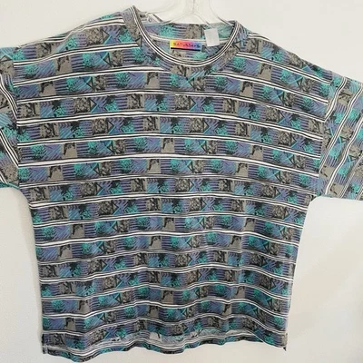 Rate Vtg 90's 80’s Saturdays Surf Stripe Aztec Short Sleeve Skate Shirt Blue XL - Image 1 of 4