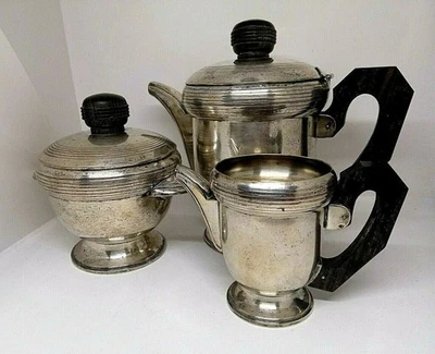 Service à thé ancien vintage art déco en argent - théière - pot à lait -... - Photo 1/4