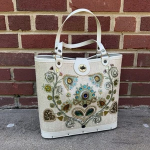 Vintage 1960`s "Jewel Tone" Label Canvas Tote Purse Handbag Summer Bag Whimsical - Picture 1 of 15