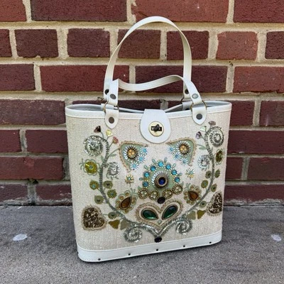 Vintage 1960`s "Jewel Tone" Label Canvas Tote Purse Handbag Summer Bag Whimsical - Image 1 of 4