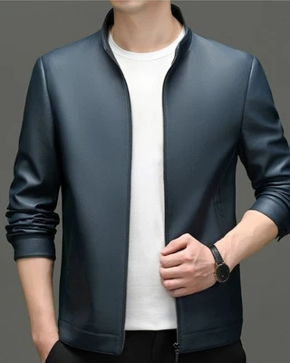 Men‘s Jackets Soft Coats Stand Collar Leather Fur Lining Motorcycle Business Dad - Image 1 of 4