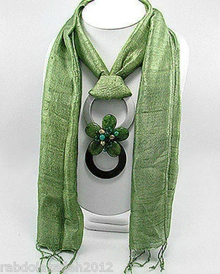 Green Fine Natural Silk Scarf Gemstones Beaded Jeweled Pendant Handmade COUTURE - Image 1 of 3