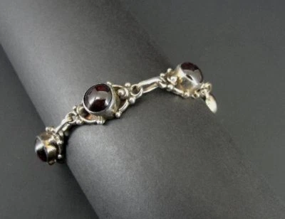 Bracelet Sterling Red Garnet Stones Link Style Sterling Silver 925 Bracelet 7.5" - Image 1 of 4