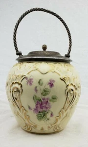 Antique Biscuit Jar Ornate Hand Painted Floral Design Gilt Gold Trim Silver Top - Picture 1 of 12