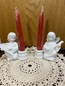 WHITE BISQUE Porcelain Set of 2 ANGELS Duet Taper Candle Holders ~ Vintage - Picture 1 of 6