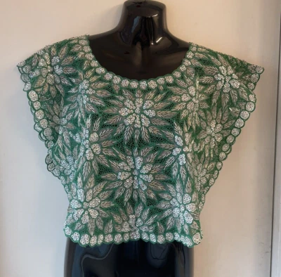 Vintage 1980s Sequin Beaded Blouse crop top shirt green XS S women’s - Image 1 of 4