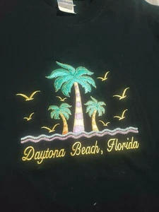 VTG Black Daytona Beach Florida Palm Trees Seagull Embroidered Tourism Shirt S - Picture 1 of 7