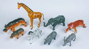 LOT OF 8 JUNGLE ANIMAL LARGE FIGURES TIGER ELEPHANT HIPPO GIRAFFE WILDEBEEST + - Picture 1 of 1