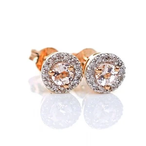 9ct Morganite Diamond Stud Earrings Rose Gold Pink 0.29ct Natural Gift - Picture 1 of 11