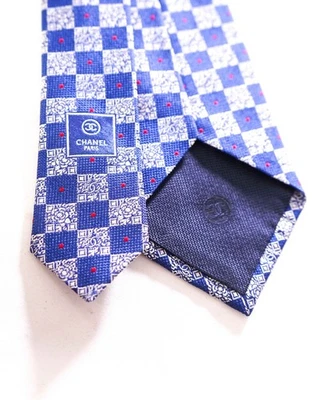 $425 CHANEL - Silk Blue/Silver Check Logo - 3.25" Tie - Image 1 of 4
