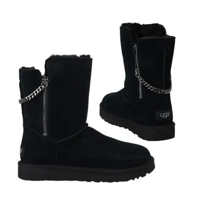 NUEVAS UGG Clásicas Cortas Brillantes Cremallera Cadena Botas Negras Gamuza Talla 10 Cómodas Cálidas Foto 1 de 4