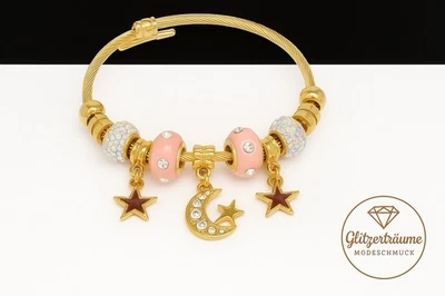 Glücks Armband Gold Rosa mit Stern & Mond Anhängern Damen Geschenk - Bild 1 von 3