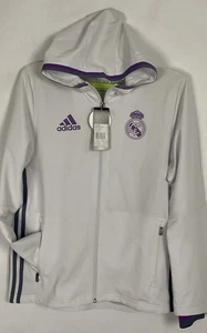 Adidas Real Madrid Soccer Windbreaker White Hooded Zip-Up Jacket Size L 40x27” - Picture 1 of 23