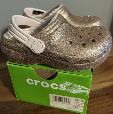 Crocs Classic Lined Glitter Clog Gold/Barely Pink C10 Toddler Size - Image 1 of 4