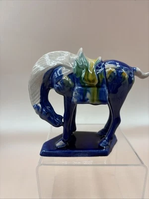 Vintage Chinese Drip Style Glaze Ceramic War Horse Figurine blue - Image 1 of 4