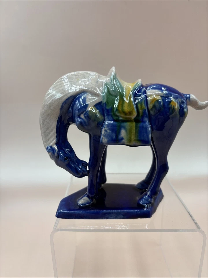 Vintage Chinese Drip Style Glaze Ceramic War Horse Figurine blue - Image 1 of 4