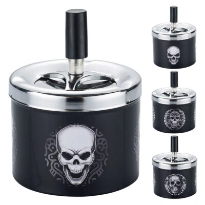 Drehaschenbecher Metall Skull Außen mit Deckel Windaschenbecher Push Tischascher - Bild 1 von 4