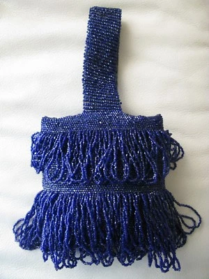 Antique Crochet Cobalt Blue Bead Ball Tiered Fringe Satin Lining Flapper Purse - Image 1 of 4