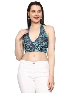Block Printed Indian Art Women's Blouse Silk Top Neck Top Halter Top Beach Party - Picture 1 of 6