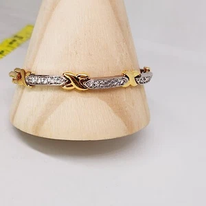 Bracciale Tennis Vintage Stile Art Decò Tono Argento e Oro Zirconi Catena Riviere X 7" - Foto 1 di 4