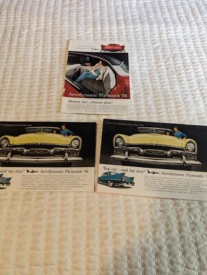 Vintage lot of 3 Aerodynamic Plymouth '56 car advertisements, original - Image 1 of 3