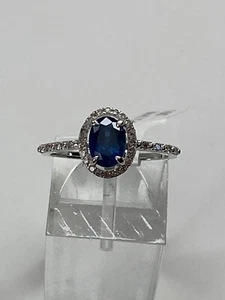 10K White Gold Oval Shape Blue Sapphire and Diamond Halo Ring NEW - Picture 1 of 13