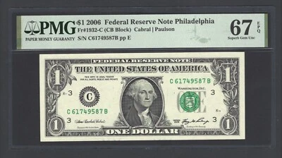 United States-Federal Reserve One Dollar 2006 Fr#1932-C (CB Block) UNC Grade 67 - Image 1 of 2