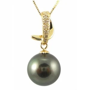 11-12mm Authentic Tahitian Black Pearl 14K Yellow Gold & Diamond Pendant - Picture 1 of 1