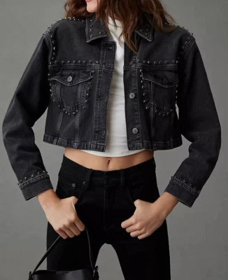 Chaqueta de Camionero Anthropologie Pilcro Embellecida Joya Negra Denim Recortada NUEVA S Foto 1 de 4