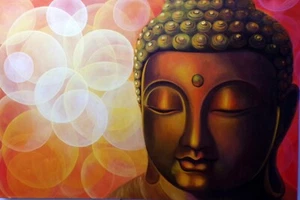 Quadro dipinto volto di Buddha arancio sole cm 150x100 testata letto viso Budda - Imagen 1 de 6