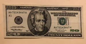 1996 $20 Note A1 District S# AA 73143447 H - Picture 1 of 2
