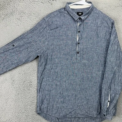H&M Mens Linen Blend Button Up Shirt Medium Blue Hairlines Stripes Flip Cuff - Image 1 of 4