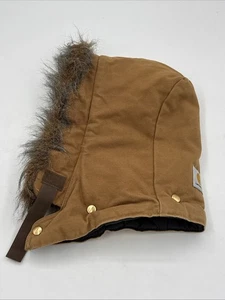 Carhartt Hood Brown Canvas Quilt Puffer Lined Faux Fur Snap On USA - Picture 1 of 5