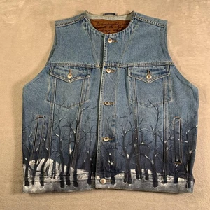 Old Navy Denim Vest Mens Large Blue Hand Painted Winter Forest Custom Paint - Picture 1 of 14