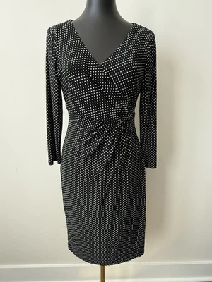 Lauren Ralph Lauren Black and White Polka Dot Ruched Dress Sz 6 Long Sleeve NWOT - Image 1 of 4