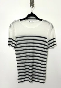 Zara Silk Blend T-Shirt Size Large Black White Striped Top Lightweight Thin - Picture 1 of 4