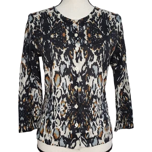 Garnet Hill Cardigan Maglione Piccolo Nero Marrone Animale 100% Lana Merino - Foto 1 di 6