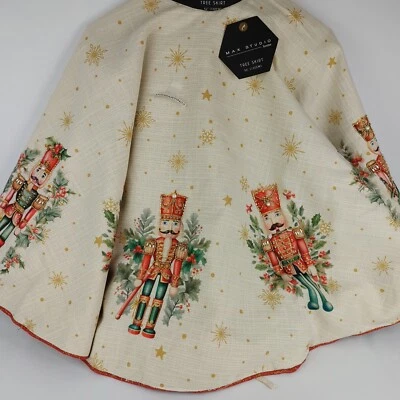 Max Studios Christmas Tree Skirt 52" Linen Nutcracker Holly Snowflakes Metallic - Image 1 of 4